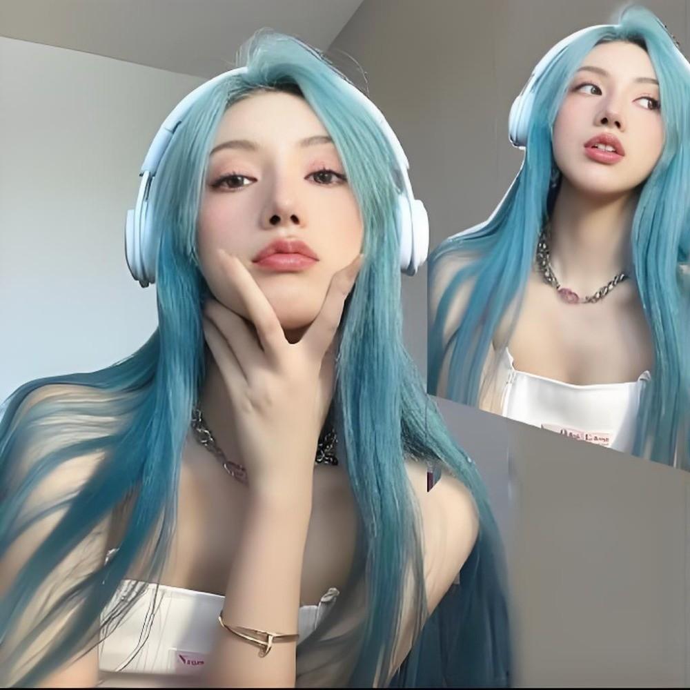 Harajuku Sea Salt Blue Wig 28inch Lolita Cosplay Wig Fake Hair Long Straight Synthetic Wig JK Girl