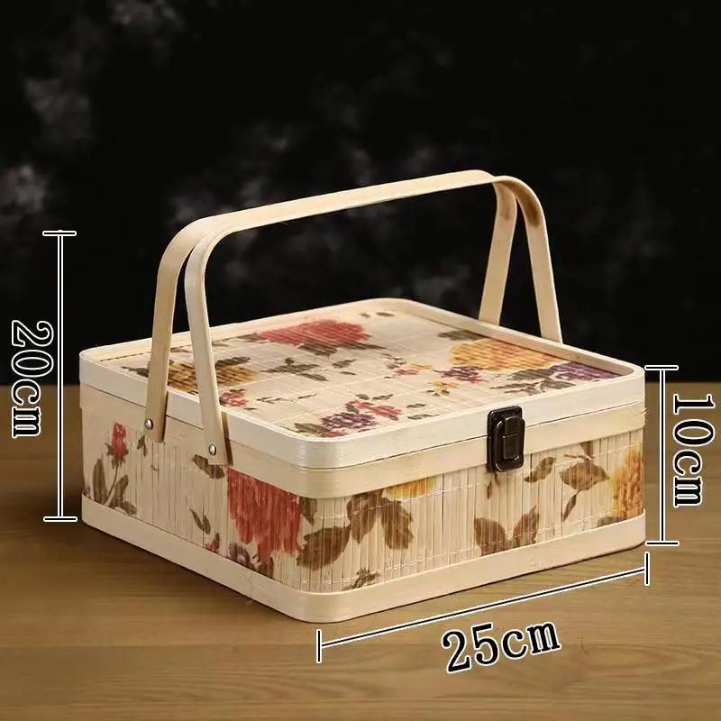 Kitchen Basket for Rice Dumplings and Mooncakes, Souvenir Packaging, Round Peony Flower, Portable Bamboo Basket, Bamboo