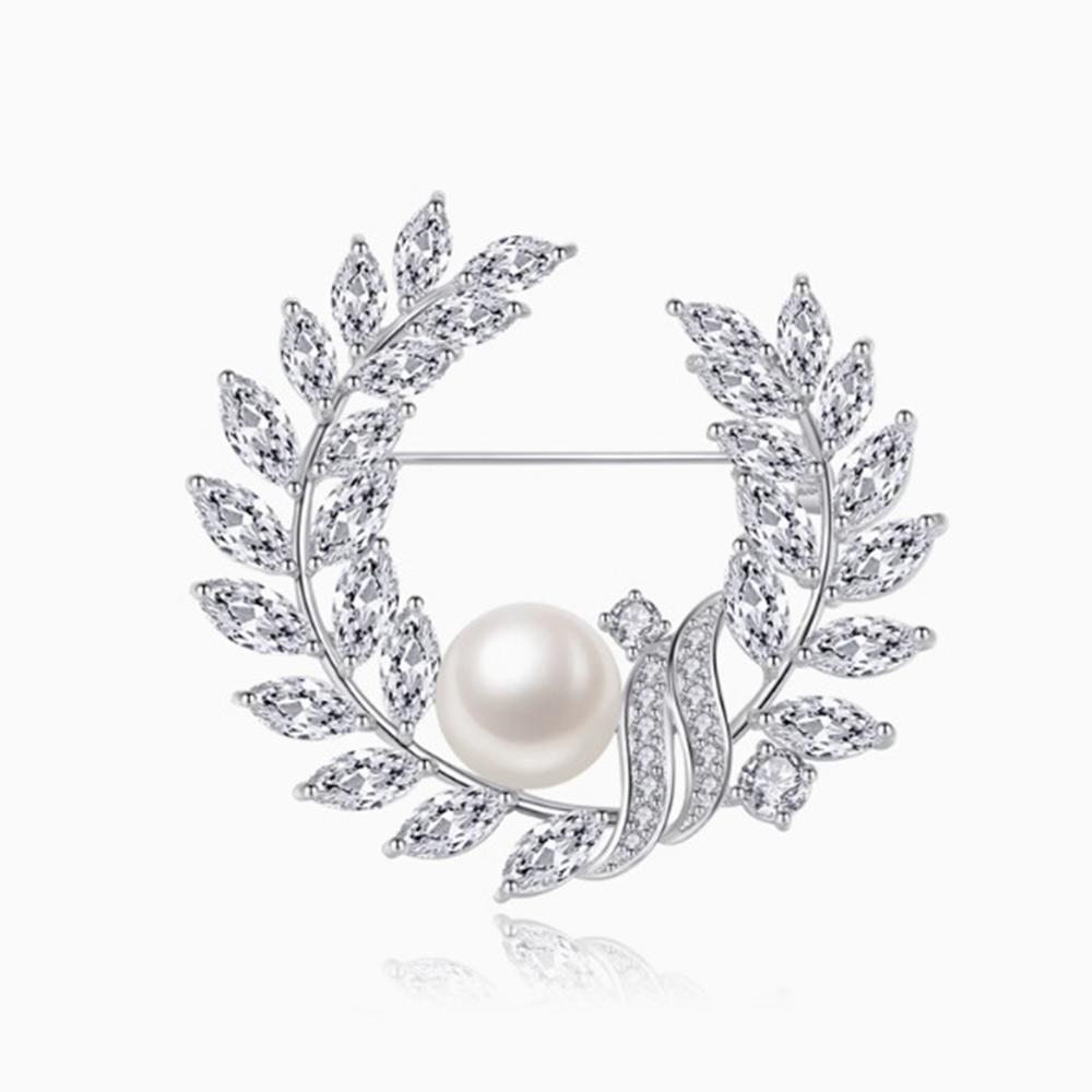 Fashionable leaf pearl colored zircon brooch, anti-exposure brooch for women, metal button to fix clothes, wedding party gift