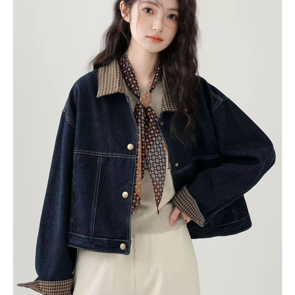 2025 Spring/Autumn Hong Kong Style Plaid Patchwork Denim Lapel Jacket for Women, Petite & Loose Fit. XXL
