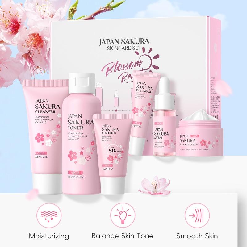 LAIKOU Moisturizing Reduce Fine Lines Brighten Skin Tone Care Toner Cream Eye Cream Cleanser 6Pcs Sakura Facial Skin Care Set