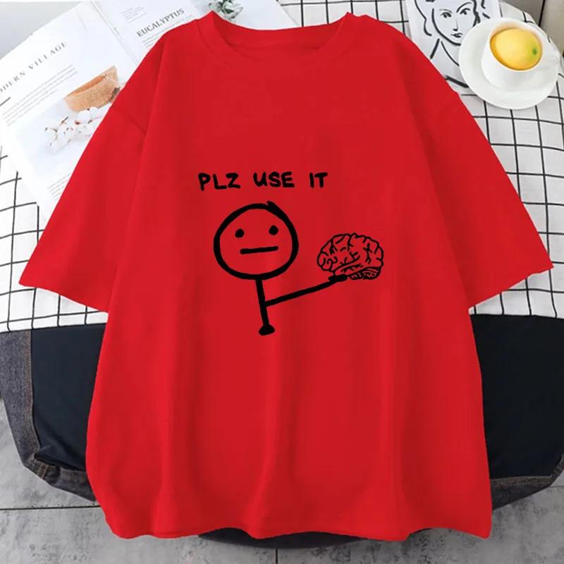 Neues Herren Freizeit Grafik T-Shirt "Bitte benutzen" Cartoon Gehirn Design Kurzarm Rundhals Lockerer Schnitt für Sommer Herren Damen T-Shirts