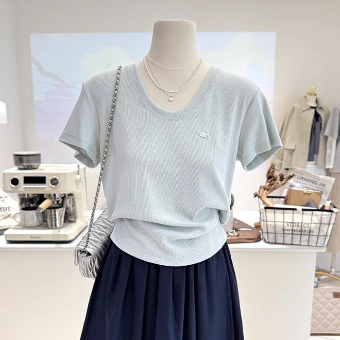 

Spring and summer new short simple and versatile solid color slim-fitting and thin large neckline short-sleeved bottoming shirt T-shirt women XL морська хвиля