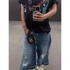 FlowStreet Washed Blue Destroyed Denim Seven-Eighths Shorts