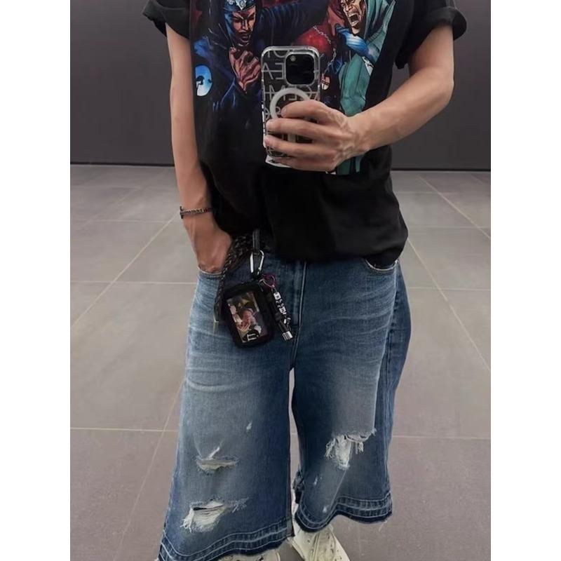 FlowStreet Washed Blue Destroyed Denim Seven-Eighths Shorts
