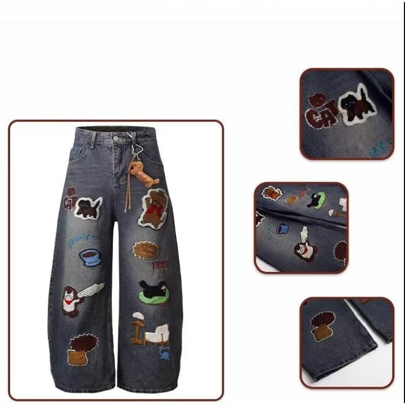 Fashionable and stylish cartoon embroidered personalized trendy casual wide-leg men's washed jeans