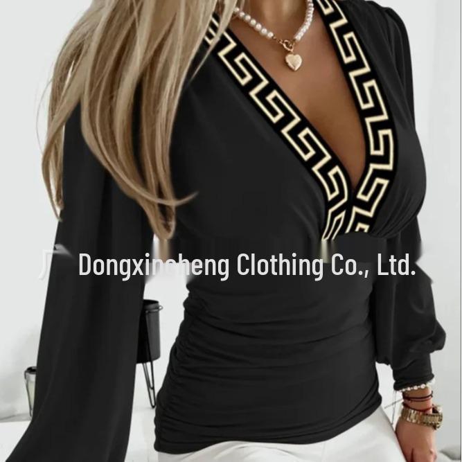 Women's Casual V-Neck Long-Sleeve Printed Shirt