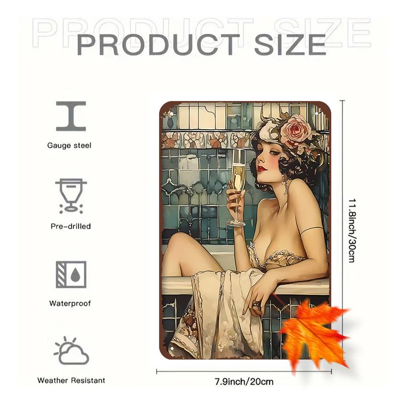 Vintage 1920s Lady In Bathtub Metal Wall Art, Reusable Tin Sign Decor, Fashionable Retro Bedroom for Elegant Home Decoration