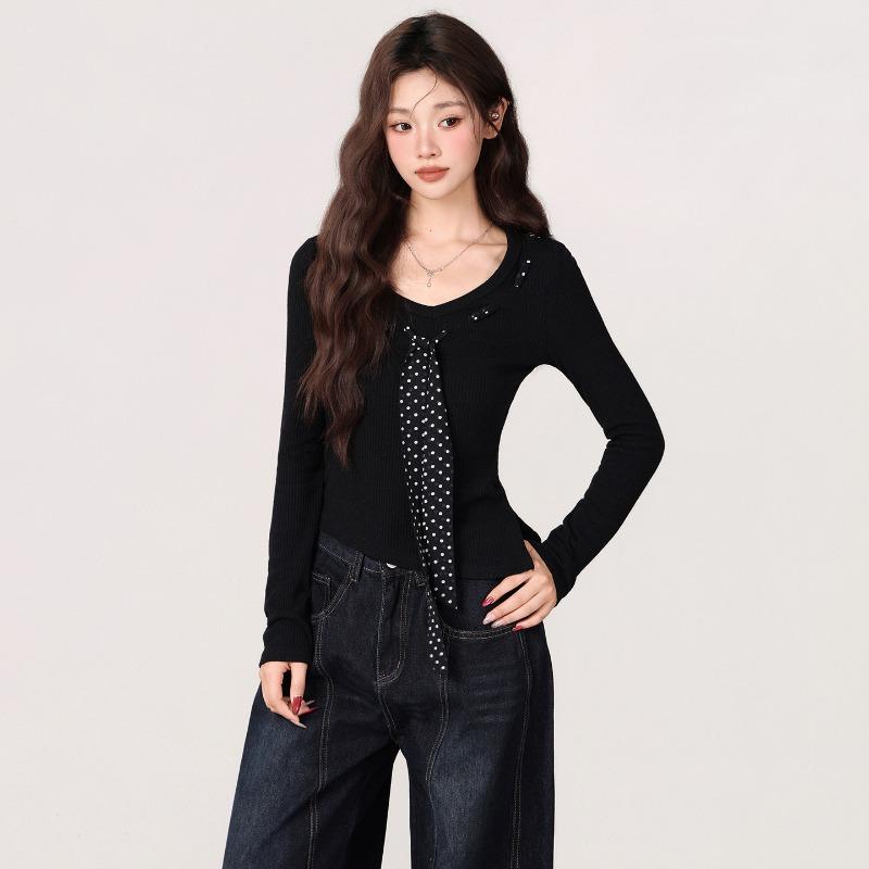 Women's Autumn and Winter Black Long-sleeved Sweater Polka-dot Tie Decoration Slim Fit T-shirt