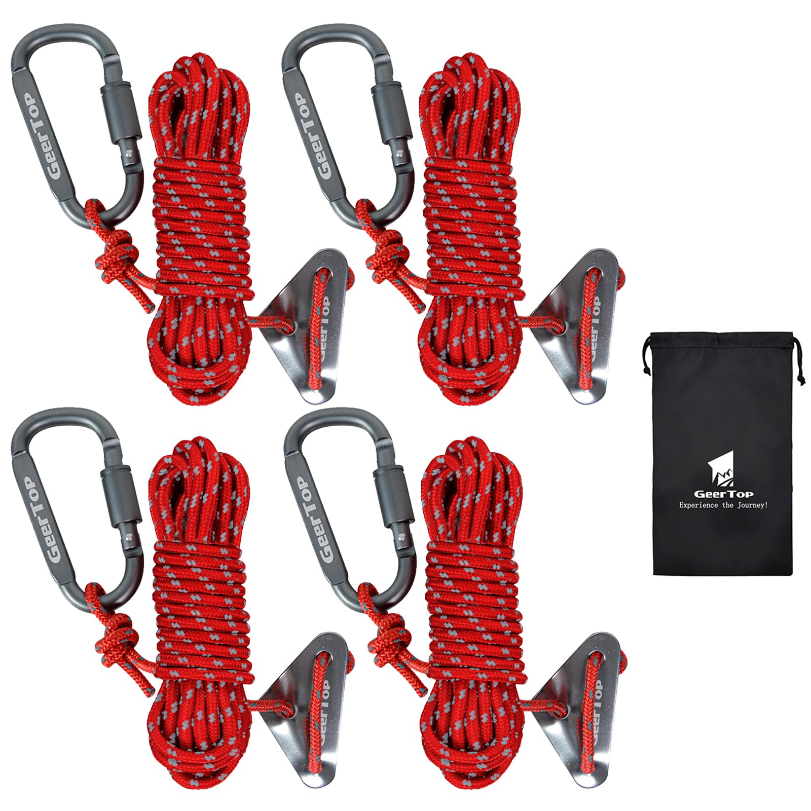 Geer Top Guy Rope 4mm Tent Rope Paracord Tarp Rope with Carabiner Reflective Material Adjustable Fittings 260kg Load Capacity 4m Length 4 Pieces with