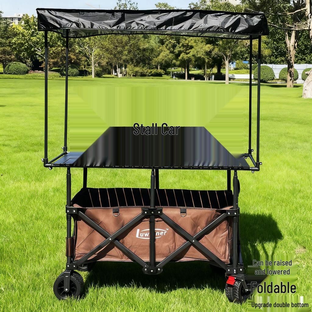 Adjustable Folding Handcart with Umbrella, Elevated Canopy & Table Top for Street Stalls or Camping.