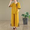 Summer Women's Loose Cotton Linen Patchwork Print T-irt High Waist Wide Leg Pants Two-piece Set Faionable Casual Wear