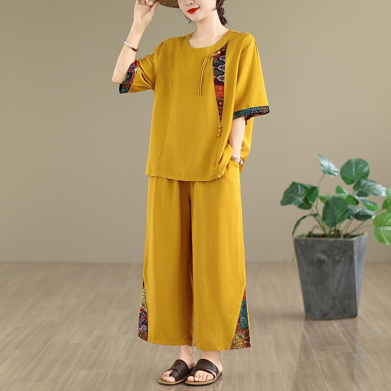 Summer Women's Loose Cotton Linen Patchwork Print T-irt High Waist Wide Leg Pants Two-piece Set Faionable Casual Wear