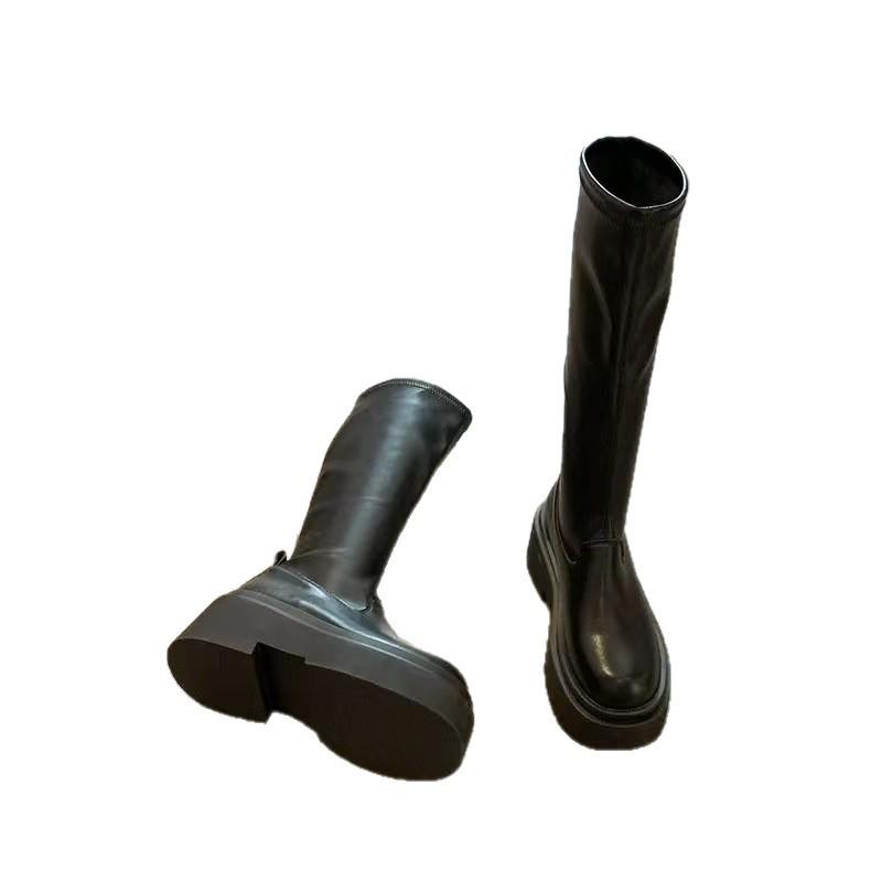 2025 Spring and Autumn New Boots Women's Knight Boots Small Boots But Knee Thick-soled Elastic Skinny High Boots
