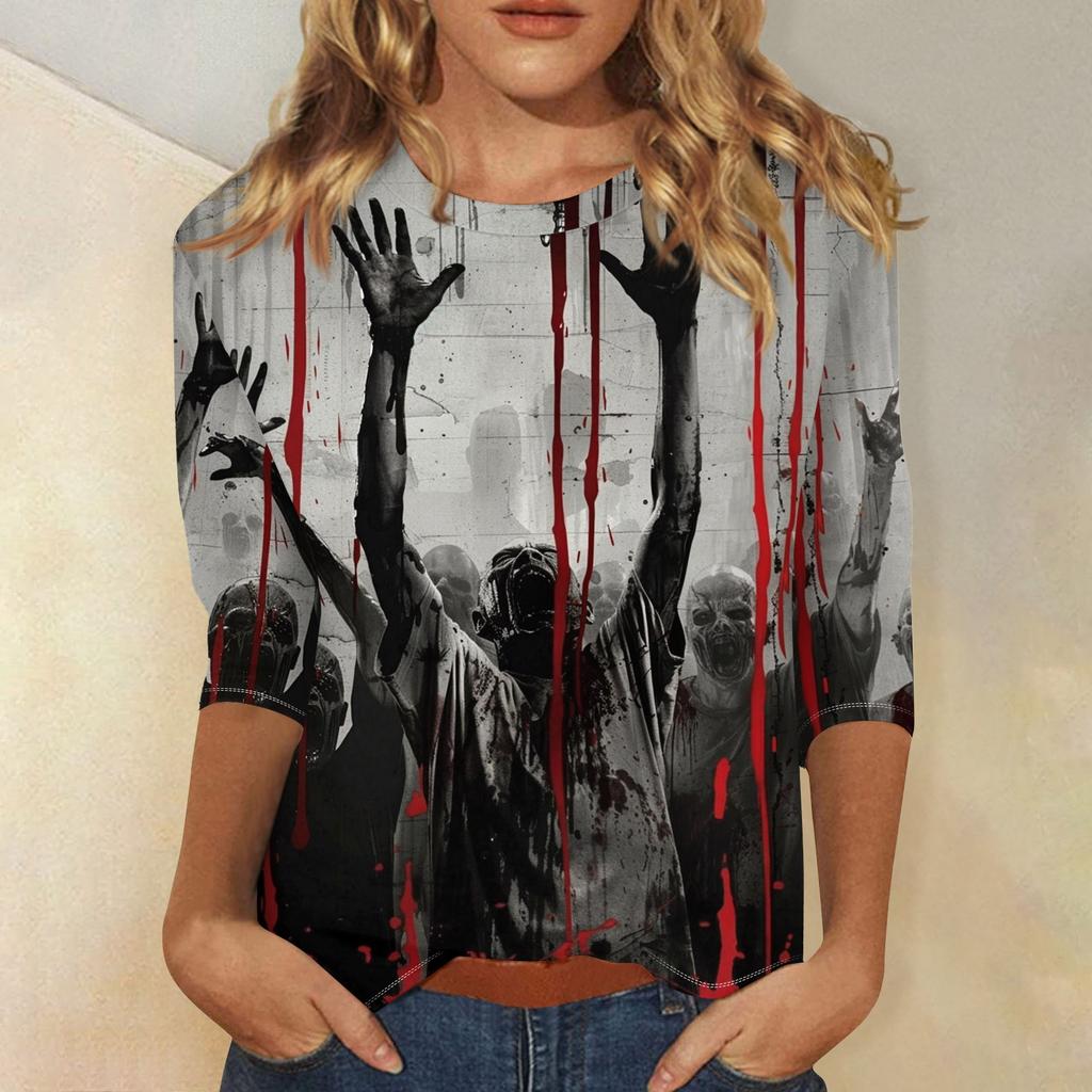 Women's Fashion Casual Three-quarter Sleeve Halloween Printed Round Neck Top