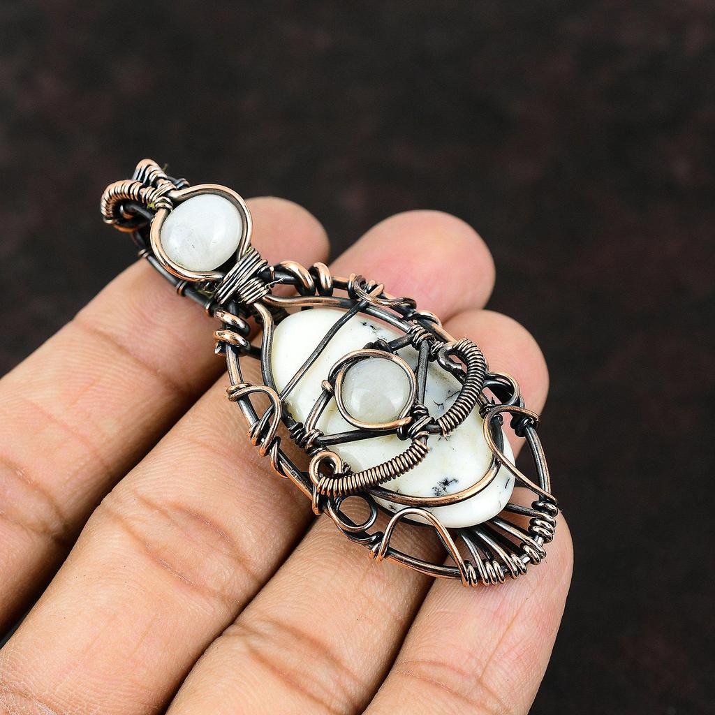 Evil Eye Dendrit Opal Kupferdraht Gewickelter Anhänger Edelstein Kupfer Schmuck Handgemacht Designer Anhänger Regenbogen Mondstein Evil Eye Anhänger Geschenk