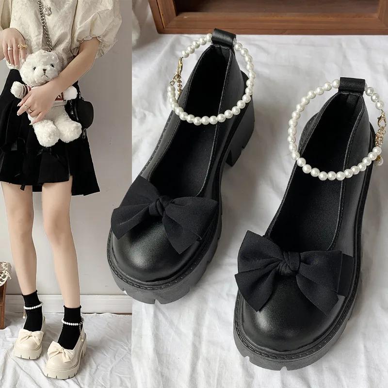 2024 Autumn New Mary Jane Small Leather Shoes for Women British Style Thick Soled Round Head Bow Women's Shoes