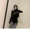 Elegant Slim Fit Korean High Neck T-Shirt with Thumb Holes - Sheer Long Sleeve Base Layer for Autumn/Winter
