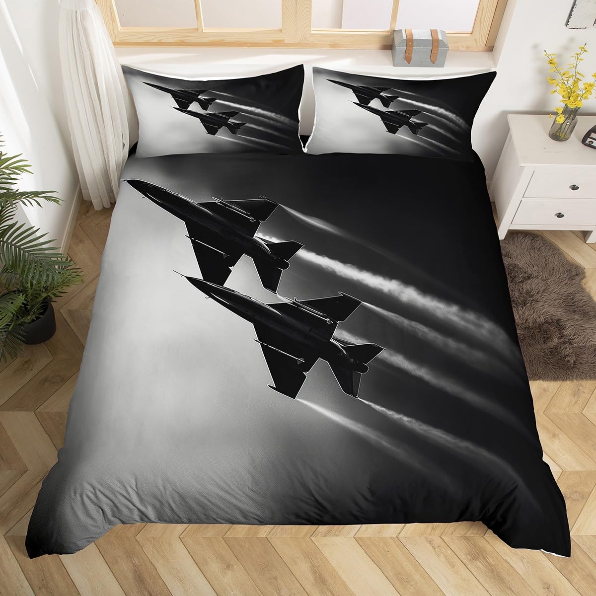 Flugzeug Bettwäsche Set Queen King Size Flugzeugmuster Bettwäsche Set für Kinder Jungen Mädchen Luft- und Raumfahrt Luftfahrt Themen Steppdeckenbezug EU Single(135x200cm)