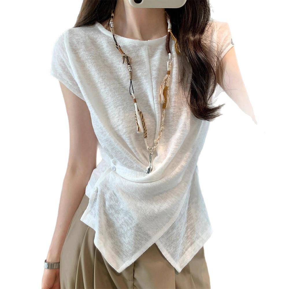 Blue design sense versatile round neck short-sleeved T-shirt women's summer new foreign style irregular slim-fitting and thin knock beautiful shirt