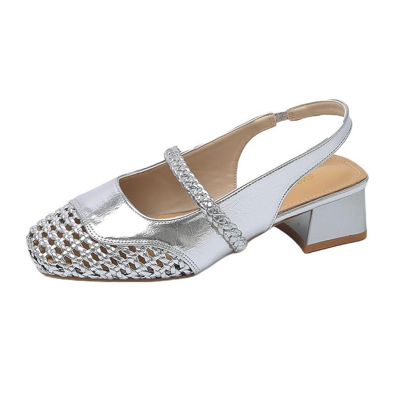 Genuine French retro square head Mary Jane sandals women's summer new hollow woven thick heel high heels with skirt