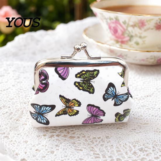 Travel Small Storage Pouch Women Coin Purse, Vintage PU Leather Change Butterfly Cute Bag Kiss Lock Pouch, Pocket-Sized, Mini Purse for Durable Wallet