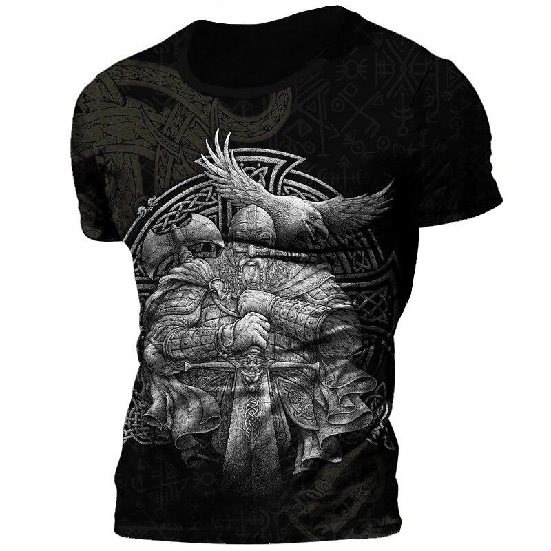 Retro Viking Tattoo 3D Print Men's T-shirts Summer Viking Odin Crew Neck Loose Short Sleeve Casual Tops Tees Oversized T Shirts