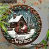 Panneau Joyeux Noël Plat en Aluminium 2D avec Motif Père Noël & Maison - Ornements Figurines Hivernales Chaudes - Idéal pour Porte d'Entrée, Mur, Porche, Fenêtre