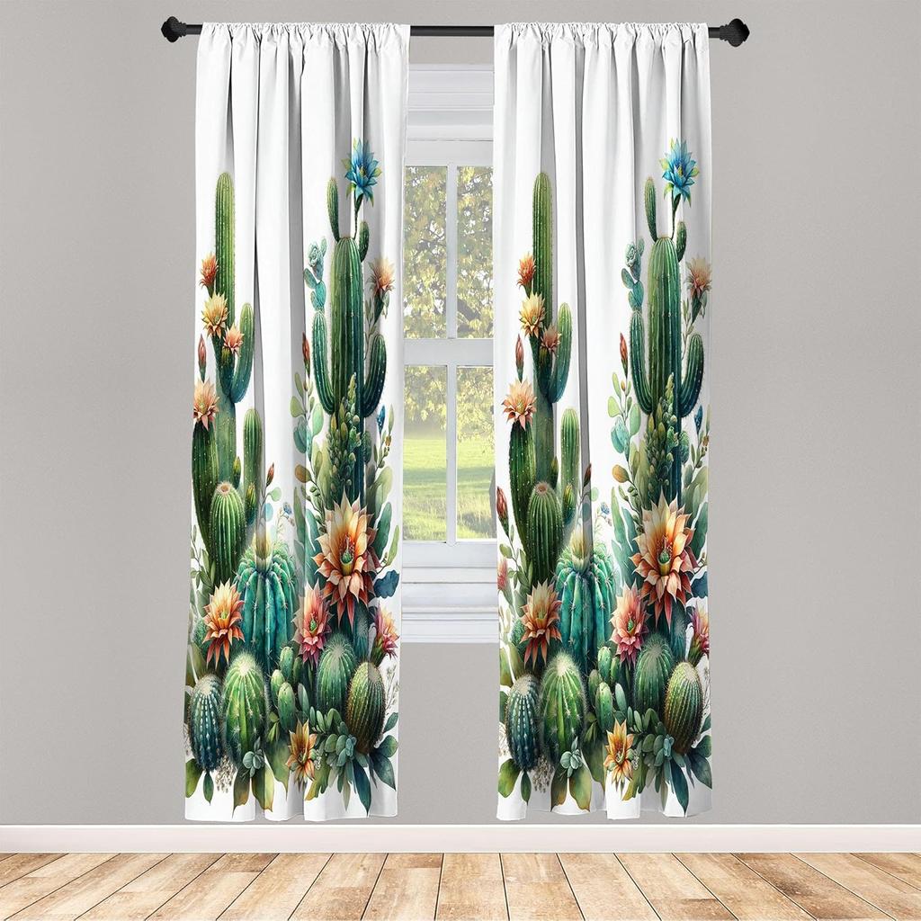 Ambesonne Cactus Window Curtains Wilderness Theme Blooming Desert Flowers Plain Backdrop Urban Jungle Lightweight Decor Made Of Polyester