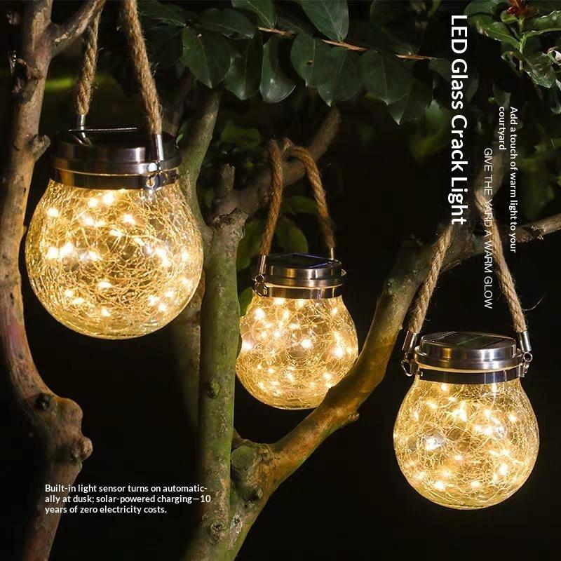 Solar Cracked Glass Hanging Light Warm LED Fairy Lamp Decor for Porch Patio Garden Yard Outdoor Use