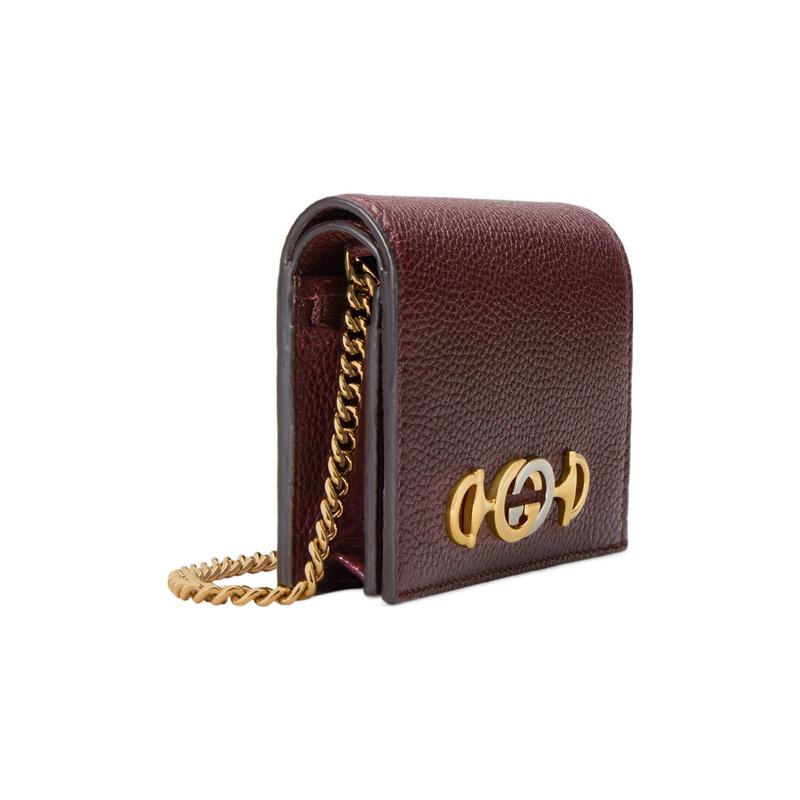 Gucci Zumi Podwójna Klamra G Skórzany Portfel Uchwyt na Karty Damski Bordowy