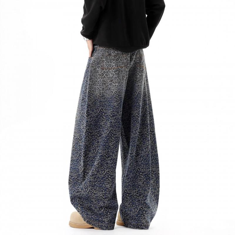 Mens Distressed Washed Denim Jeans With Leopard Print Loose Fit Straight Leg Hip Hop Style