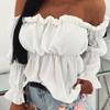 Women Sexy Solid Color Long Sleeve Off Shoulder Ruffled Edges Short Blouse Top
