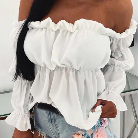 Women Sexy Solid Color Long Sleeve Off Shoulder Ruffled Edges Short Blouse Top