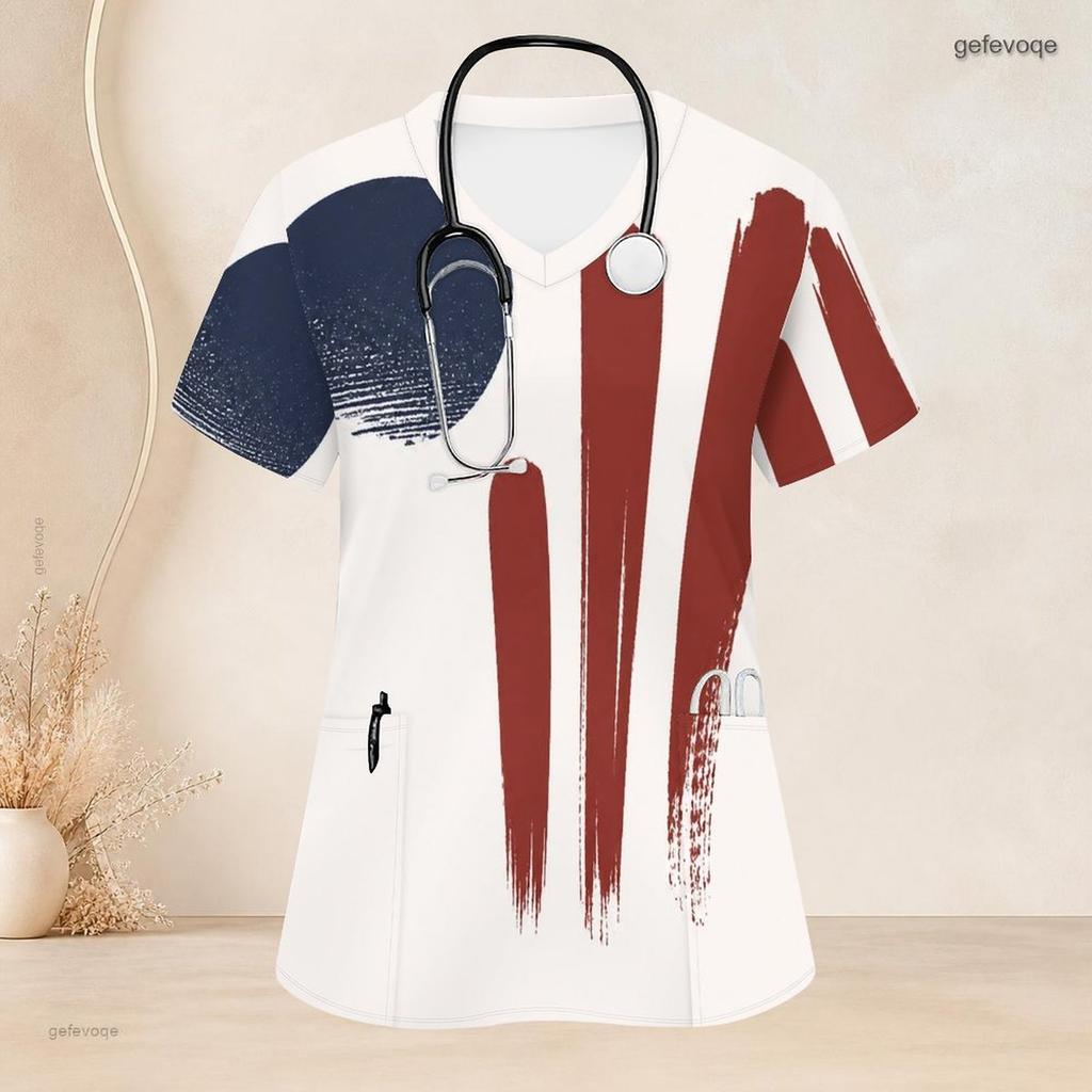 Women Plus Size V Neck Short Sleeve American Flag Print Nurse Scrub Top With Front Pockets