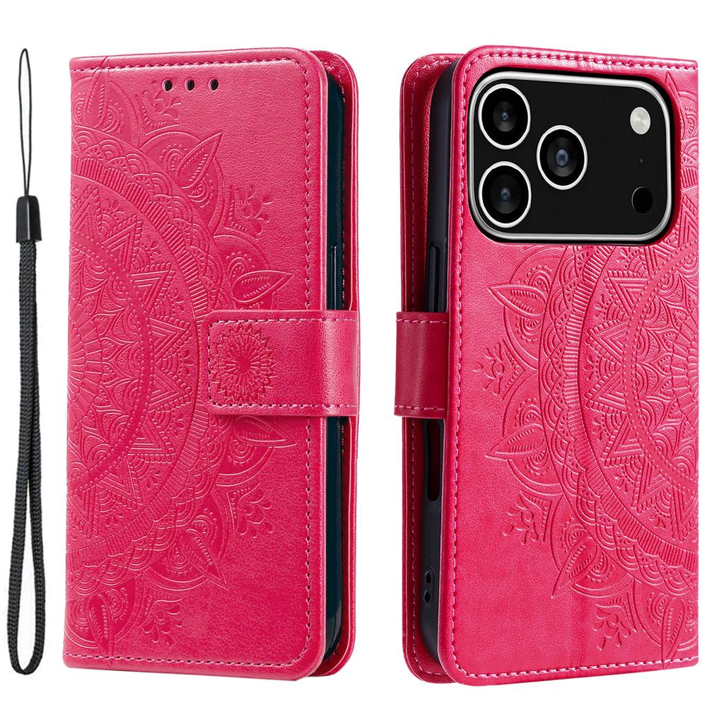 For iPhone 17 Pro Stand Case Imprinted Totem PU Leather Wallet Phone Cover with Wrist Strap