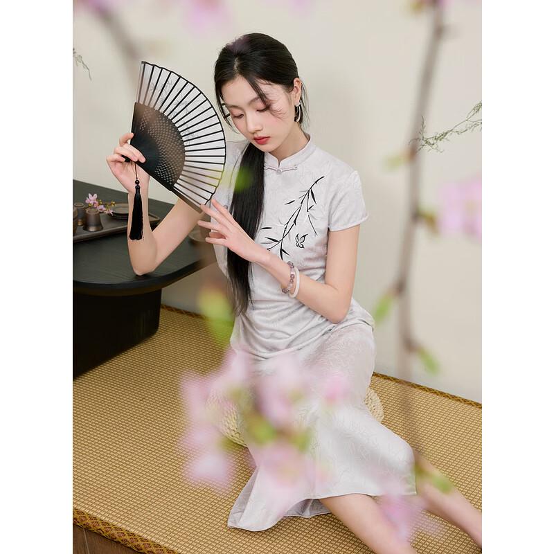 Sancai Bamboo Shadow Whispers New Chinese Style Jacquard Embroidered Long Dress