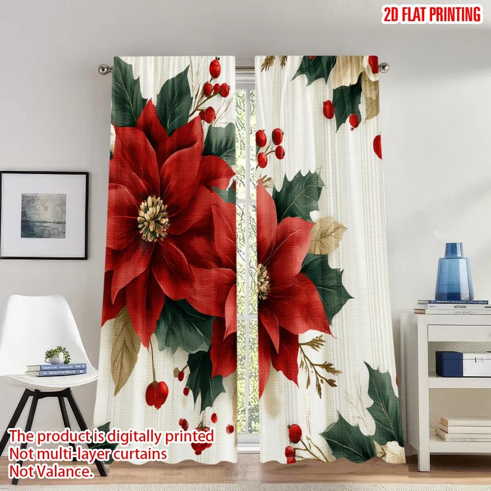 

2pcs 2D flat printing Fashionable Christmas Curtains Christmas Poinsettia Holly Berries_h Digital Printed Polyester Drapes 100*130 Grommet Top 1pcs