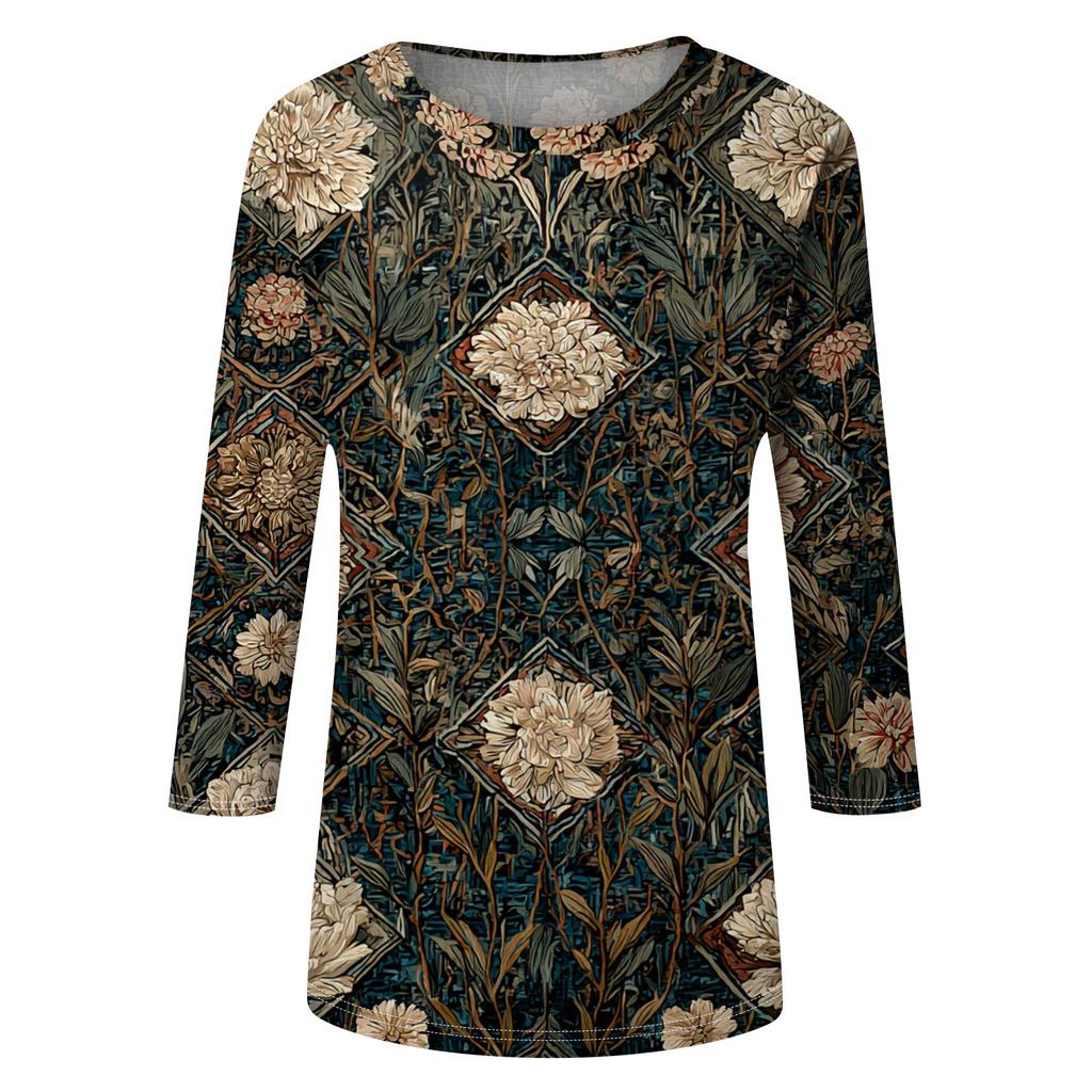 Trendy Vintage 3/4 Sleeve Top For Women ,Ladies Casual Three Quarter Sleeve Round Collar Printed T-Shirt Blouse