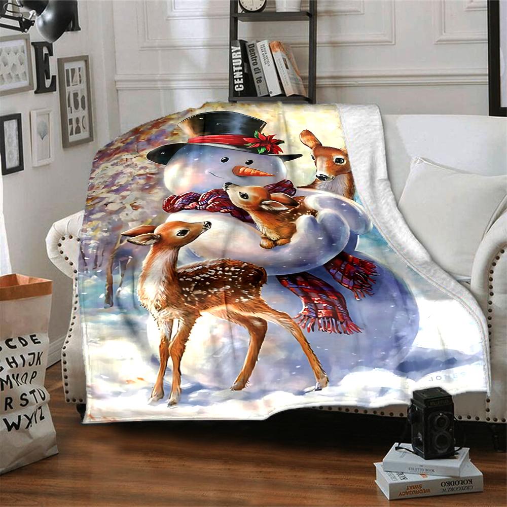 Snowman Deer Winter Scene Blanket Soft Throw Blanket For Home Bedroom Bed Sofa Travel Office Solid Christmas Blanket