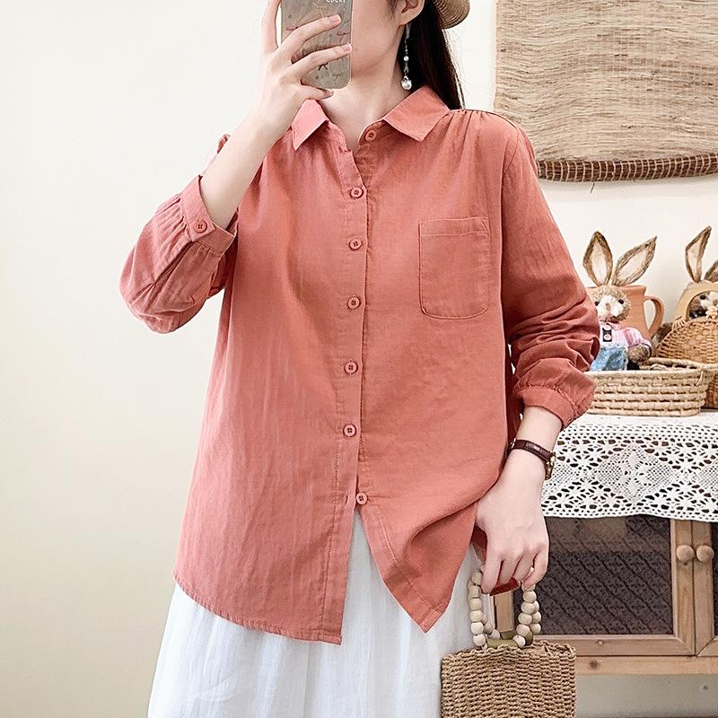Spring and Autumn New Double-layer Cotton Yarn Pure Cotton Shirt Women's Japanese Literary and Art Style Loose Casual Skinny Versatile Shirt Top