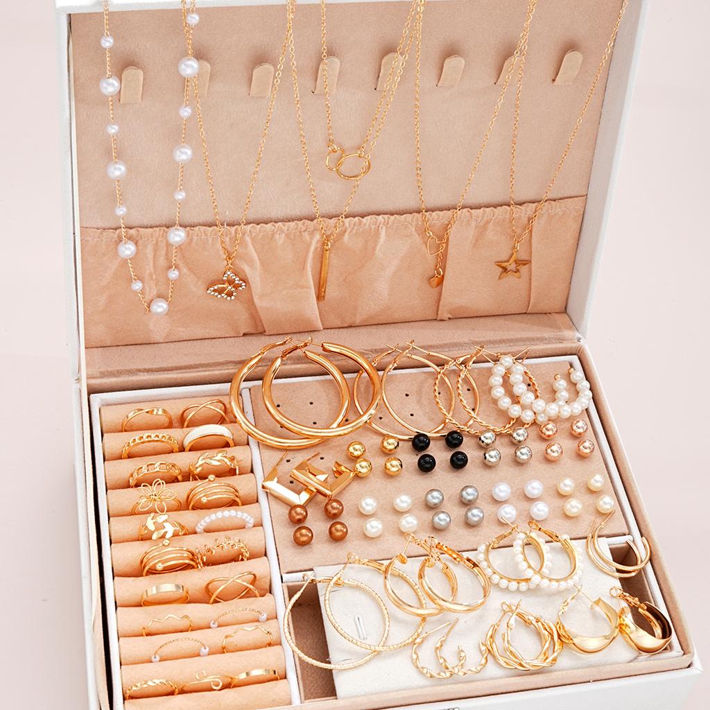 87 Pcs/Set Boho Vintage Elegant Pearl Zircon Butterfly Pendant Earrings Ring Necklace For Women Gold Color Jewelry Sets Gifts