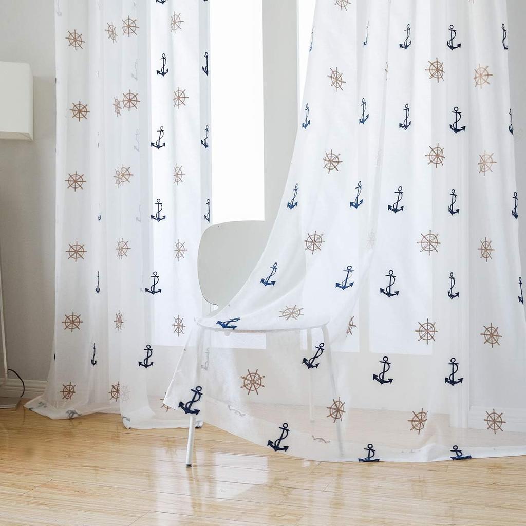 Taisier Home Window Treatments Sheer Curtains Draperies with Nautical Anchor for Living Room/Bedroom/Nursery Sliding Glass Door Ring Top