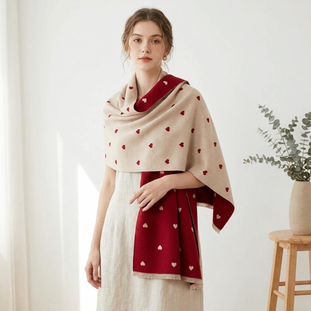 Soft Warm Shawl Vintage Style Wrap Scarf Romantic Double Sided Heart Pattern Scarf Daily Wear
