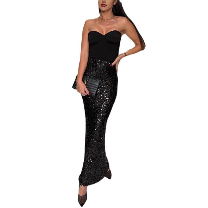 Sequined Skirt2025 New European and American Fashion Elastic High Waist Nightclub Sequined Midi Skirt for Women