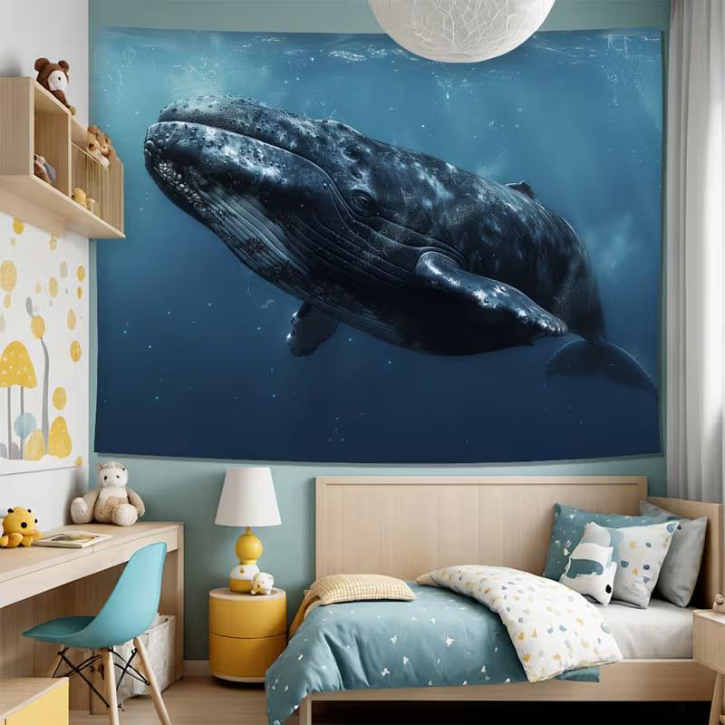 2D Realistic Whale Wall Tapestry, Deep Sea Animal Scene Wall Art for Home Decoration