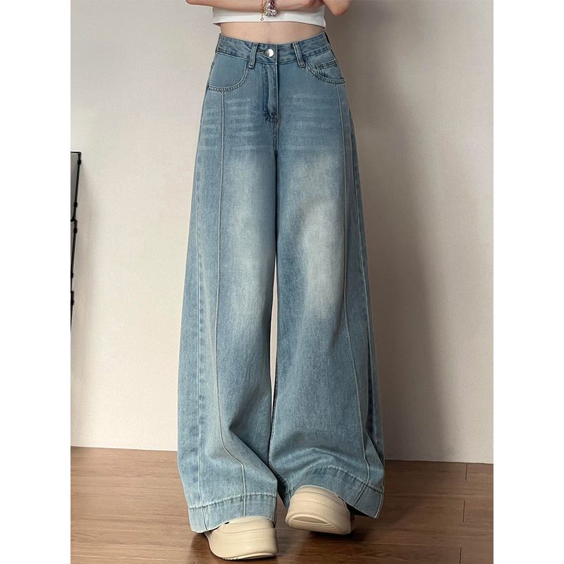 Retro Blue Wide-Leg Jeans for Women, New Summer Style for Fat Girls, mm Pear-Shaped Figure, High-Waisted, Loose, Slimming Look Straight-Leg Pants