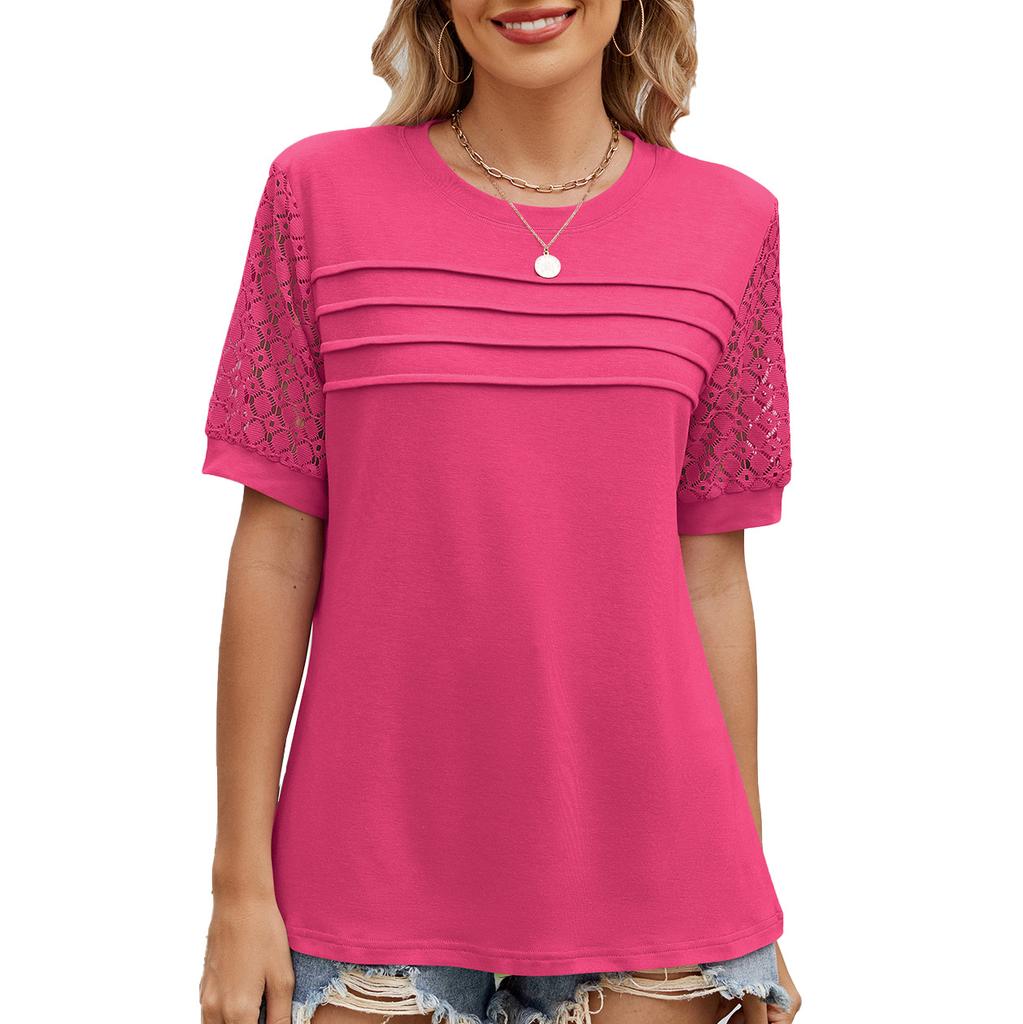 Dámské jarní letní jednobarevné tričko s kulatým výstřihem a strečovými krajkovými rukávy