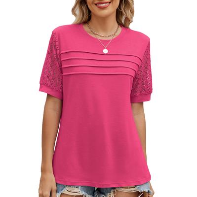 Damen Frühling Sommer Einfarbig Rundhals Stretch Spitze Ärmel Lässiges T-Shirt Top