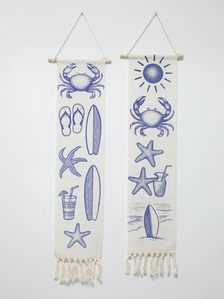 Coastal Tapestry, Beach Nautical Style Wall Hanging with Crab, Starfish, Surfboard Prints, Boho Home Decor, Room Aesthetic Gifts